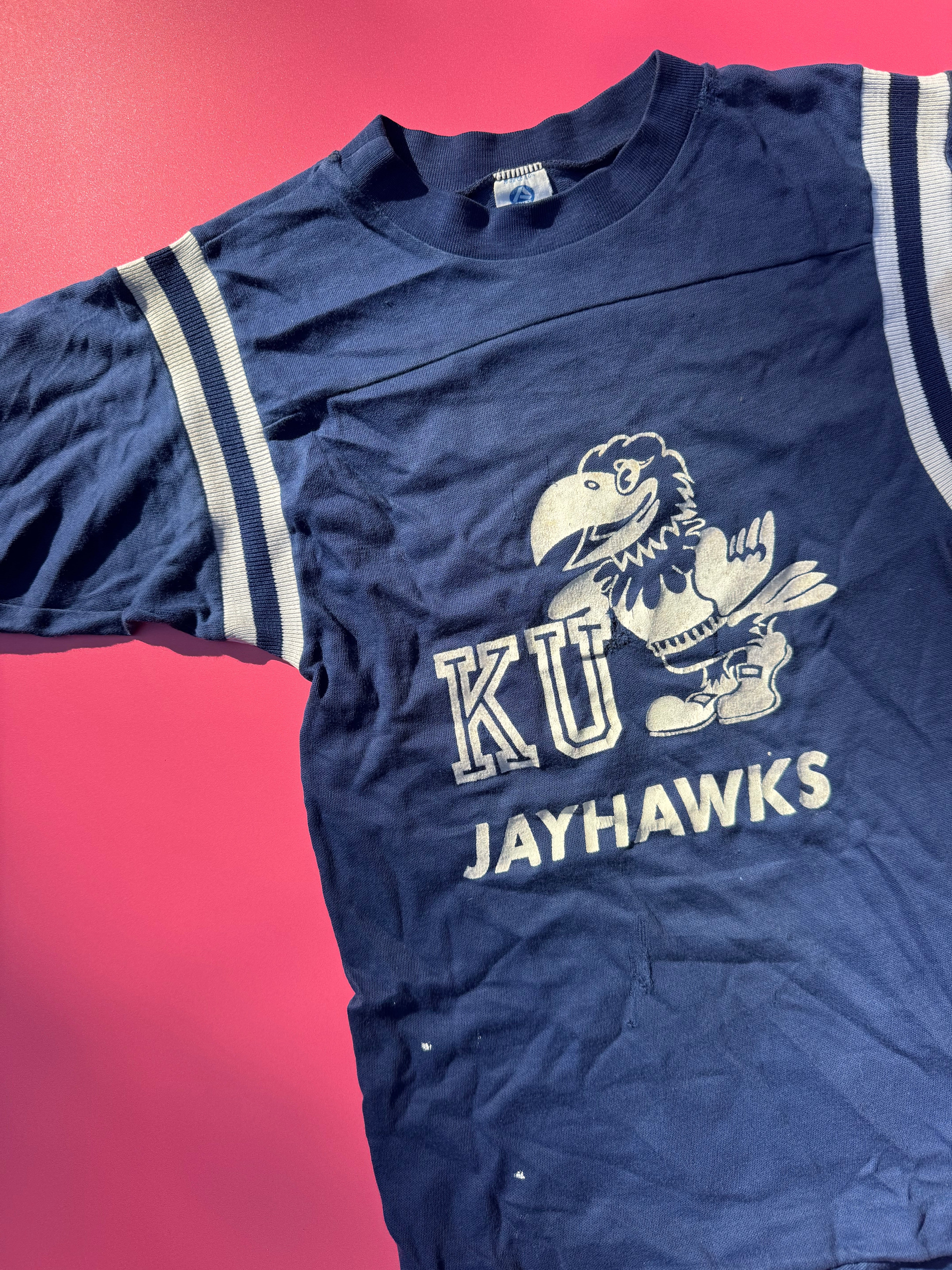 THRASHED JAYHAWKS tee ~ vintage 8-12 yrs