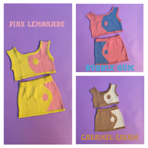 Three color variations of a two-piece outfit on a purple background with brand names.
